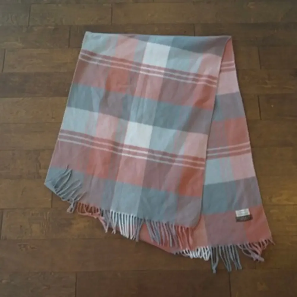 Lerdu Cashmere Wool Scarf Plaid Pink Blue Fringe Rectangle Wrap Shawl New